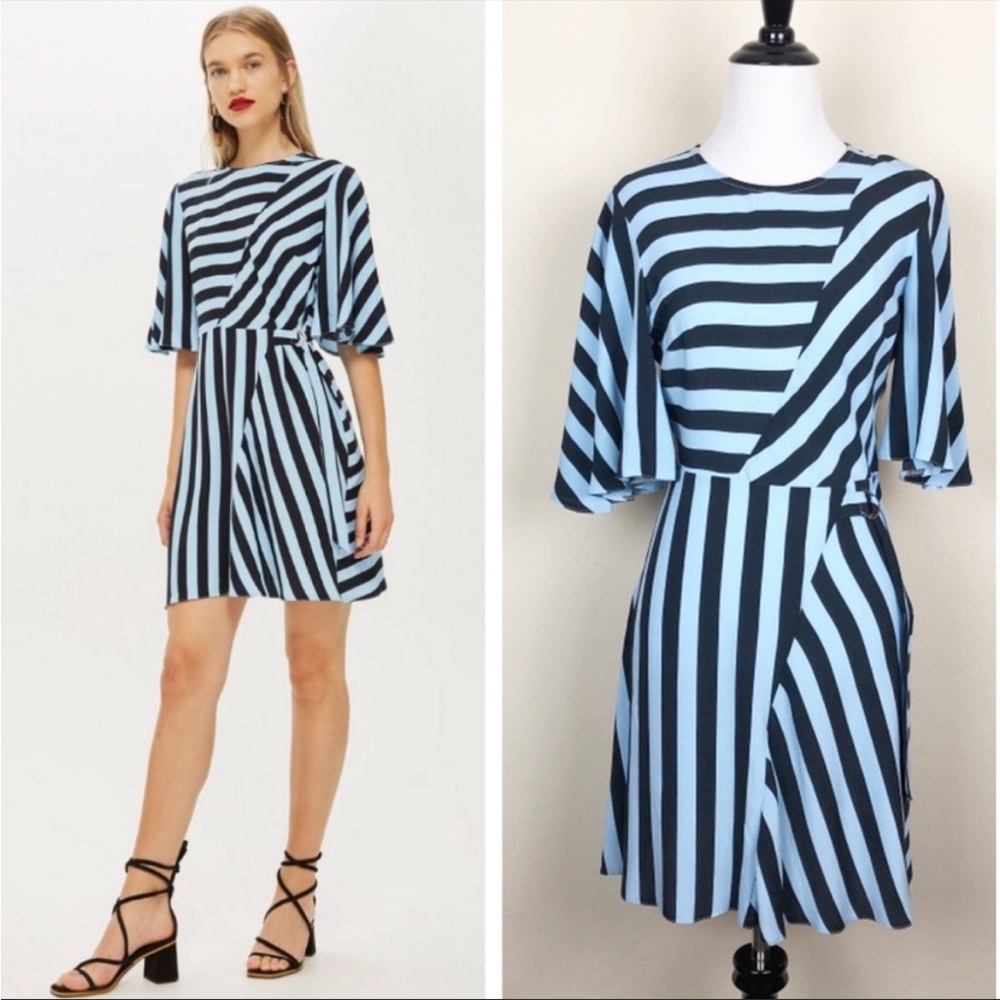 NWOT TOPSHOP Blue & Black Diagonally Striped Mini Dress w/Back Keyhole - Size 2